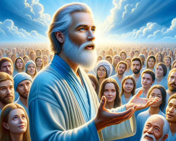 Divine figure with white hair addresses diverse crowd