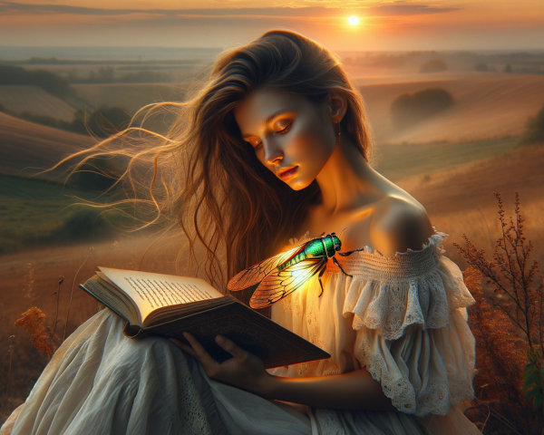 Young Woman Reading at Sunset in Serene Landscape