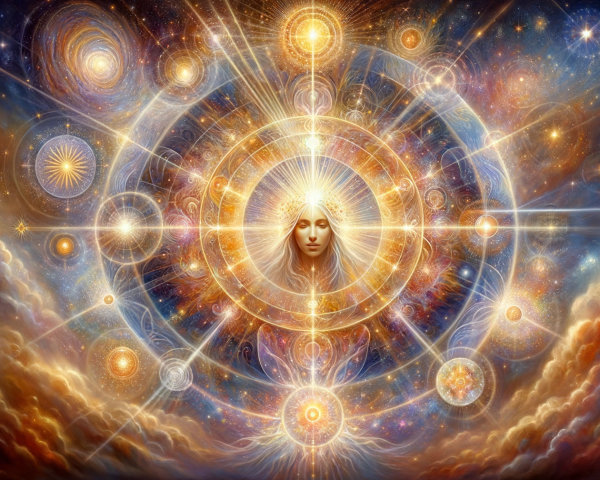Cosmic Scene with Serene Face and Vibrant Colors