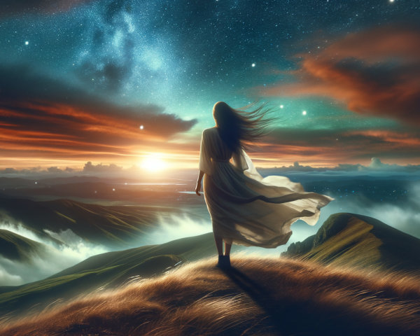 Silhouette of a woman on a hilltop at sunset