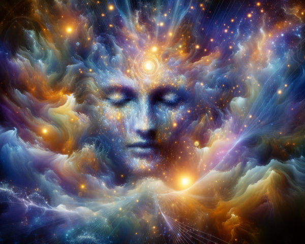 Cosmic Scene with Serene Face in Vibrant Nebula