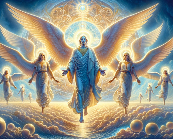 Angels with Wings and Halos Descending from Clouds