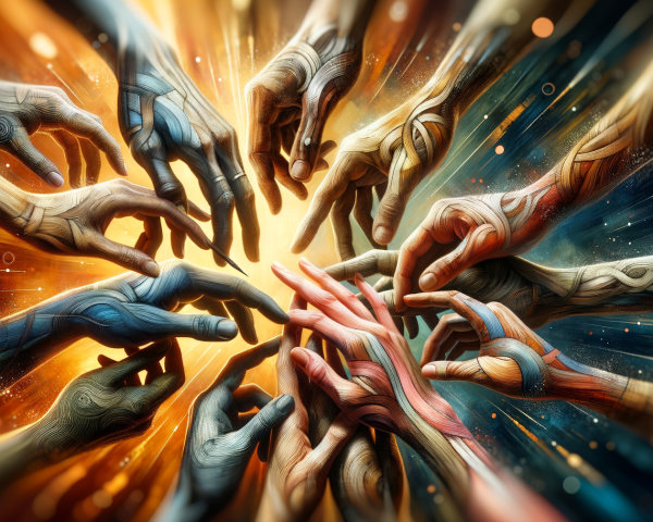 Diverse Hands Reaching Toward a Radiant Center