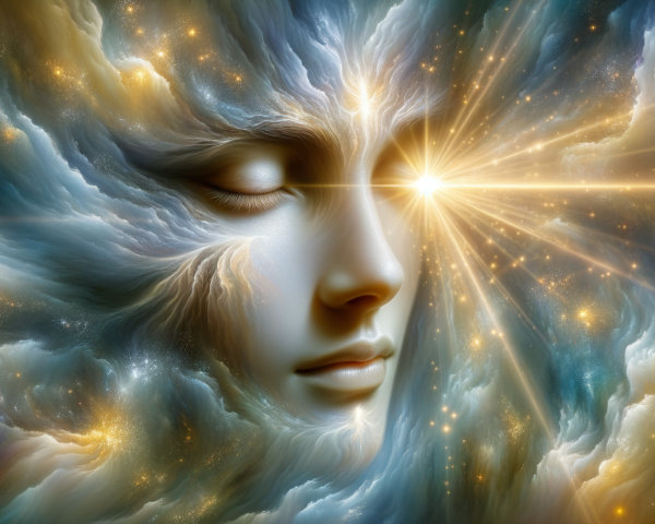 Ethereal Human Face in Colorful Cosmic Clouds