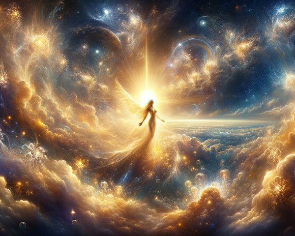 Celestial Scene with Luminous Figure and Vibrant Colors