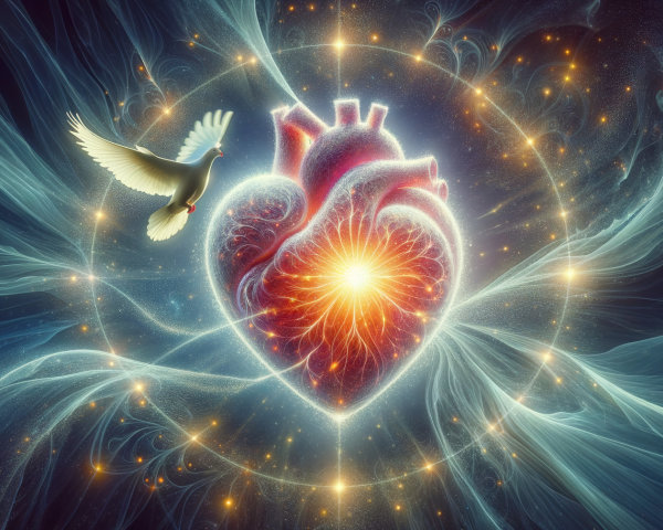 Ethereal Heart Surrounded by Cosmic Colors and Dove