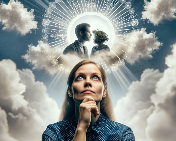 Thoughtful Woman Surrounded by Dreamy Romantic Scene
