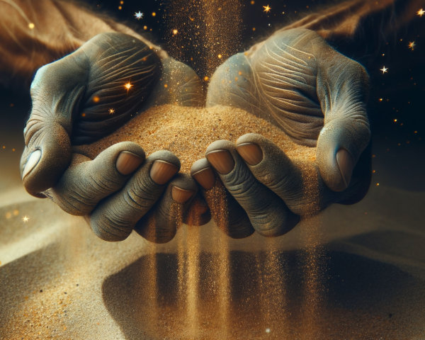 Weathered Hands Cradling Golden Sand in Soft Light