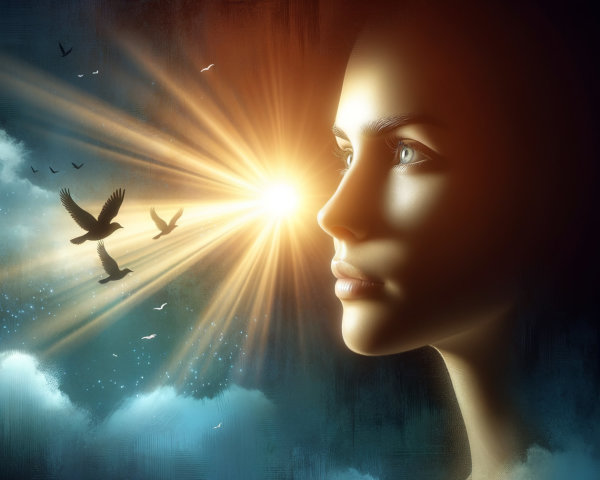 Serene Woman in Sunlight with Birds and Clouds