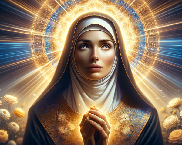 Serene Woman in Robe Surrounded by Flowers and Light