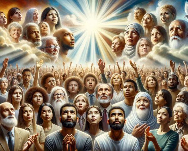 Diverse Crowd Gazing at Luminous Sky with Doves