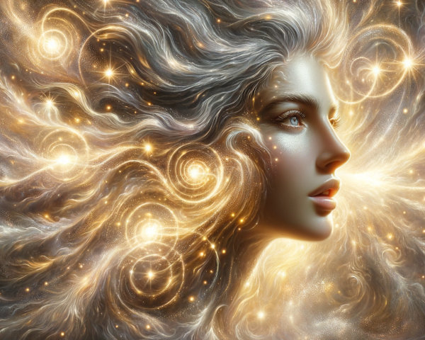Portrait of a woman with cosmic elements and golden lights