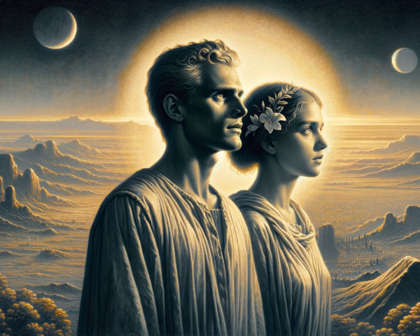 Serene Artwork of Two Figures in a Mystical Landscape