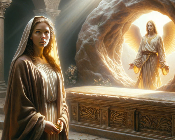 Woman in Robes Near Ornate Tomb and Angelic Figure