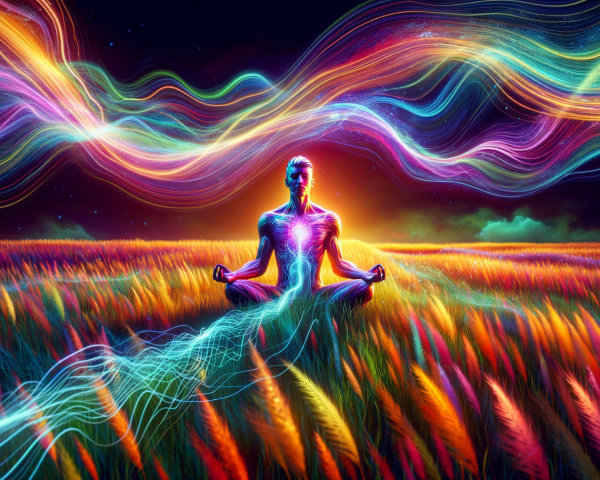 Meditative Figure in Colorful Wheat Field at Sunset