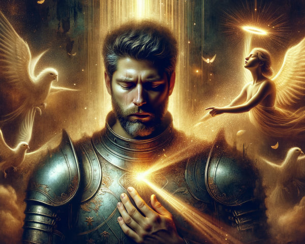 Knight in Armor Surrounded by Angels and Doves
