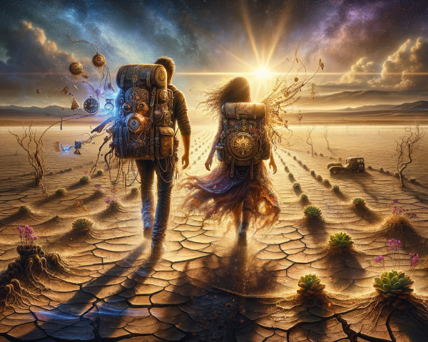 Surreal Desert Landscape with Figures and Cosmic Elements