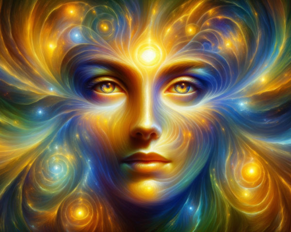 Ethereal face in vibrant cosmic color swirl