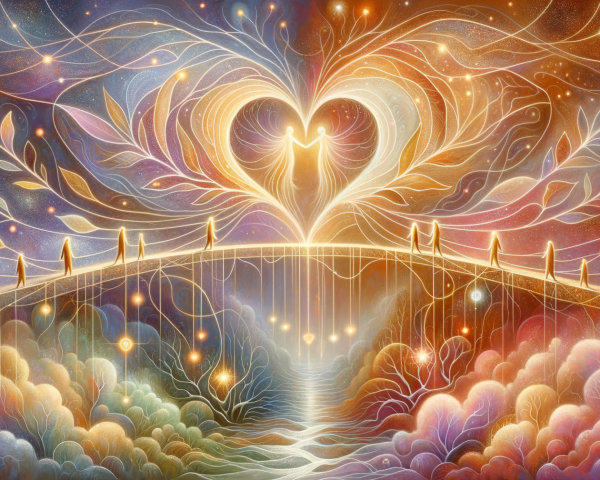 Ethereal Scene with Luminous Heart and Colorful Leaves