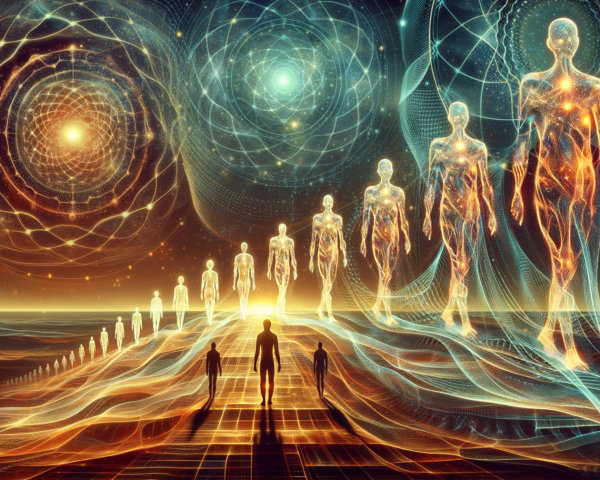 Surreal Landscape with Glowing Humanoids and Patterns