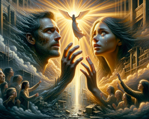 Surreal Dystopian Scene with Figures and Ethereal Light