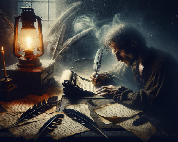 Writer in a Dimly Lit Room with Vintage Typewriter