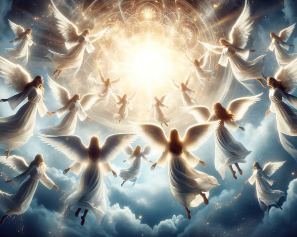 Celestial Scene with Ethereal Figures in Radiant Sky
