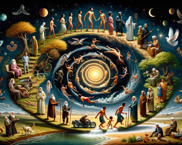 Psychedelic Painting of Life Spiral and Evolution Stages
