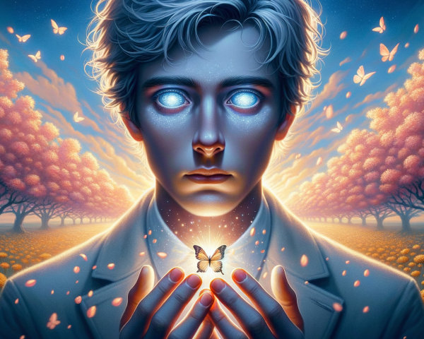 Young man in a meadow with butterflies and dandelions