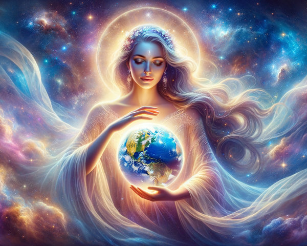 Celestial Woman Holding Glowing Earth in Cosmic Scene