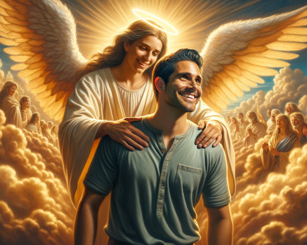 Serene Angel with Smiling Man in Heavenly Scene