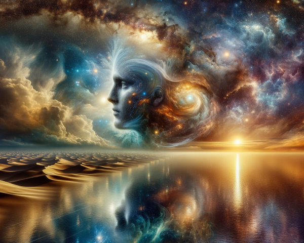 Surreal Cosmic Landscape with Serene Face and Sunset