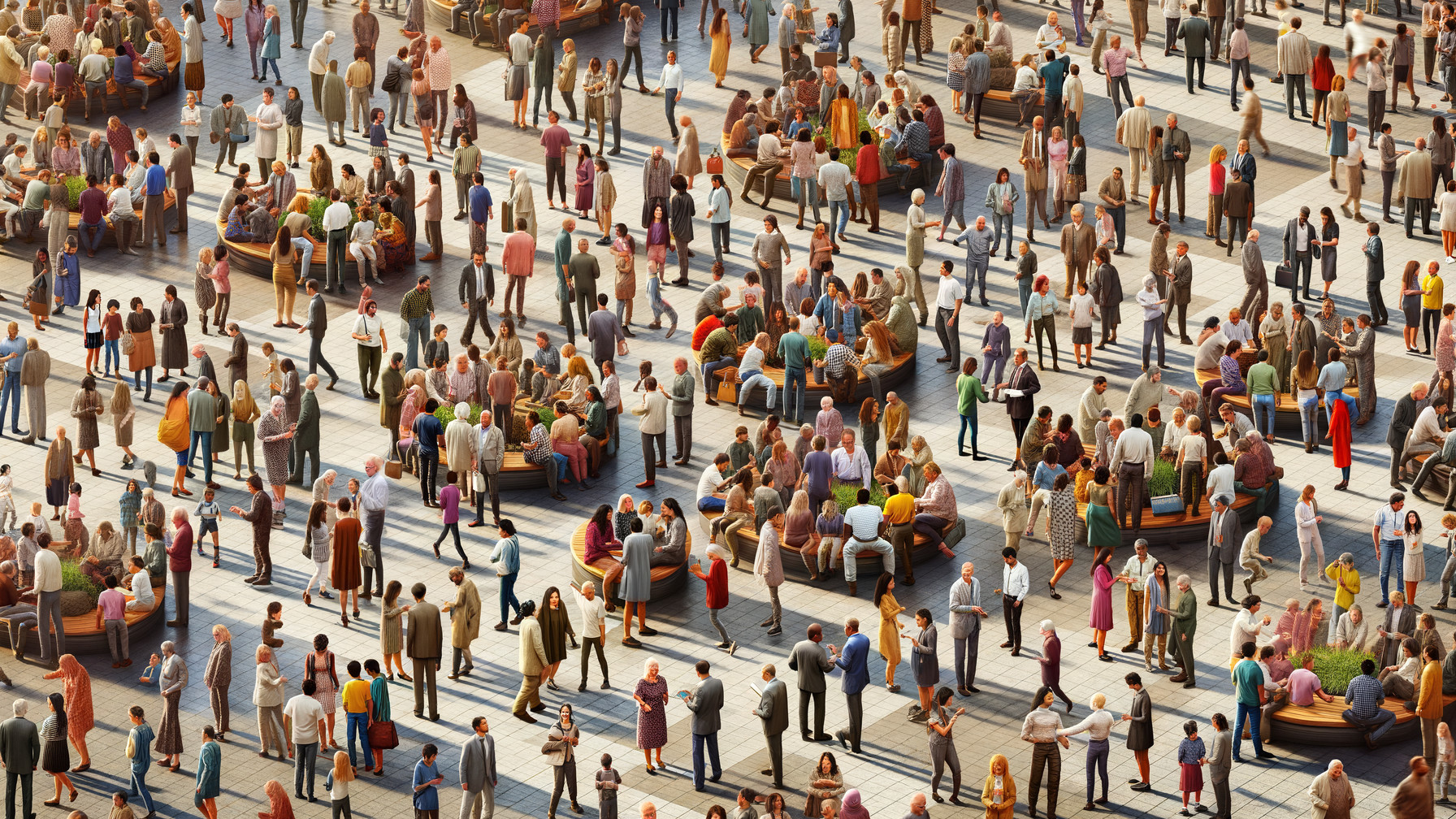 Urban plaza scene with diverse crowd and activities
