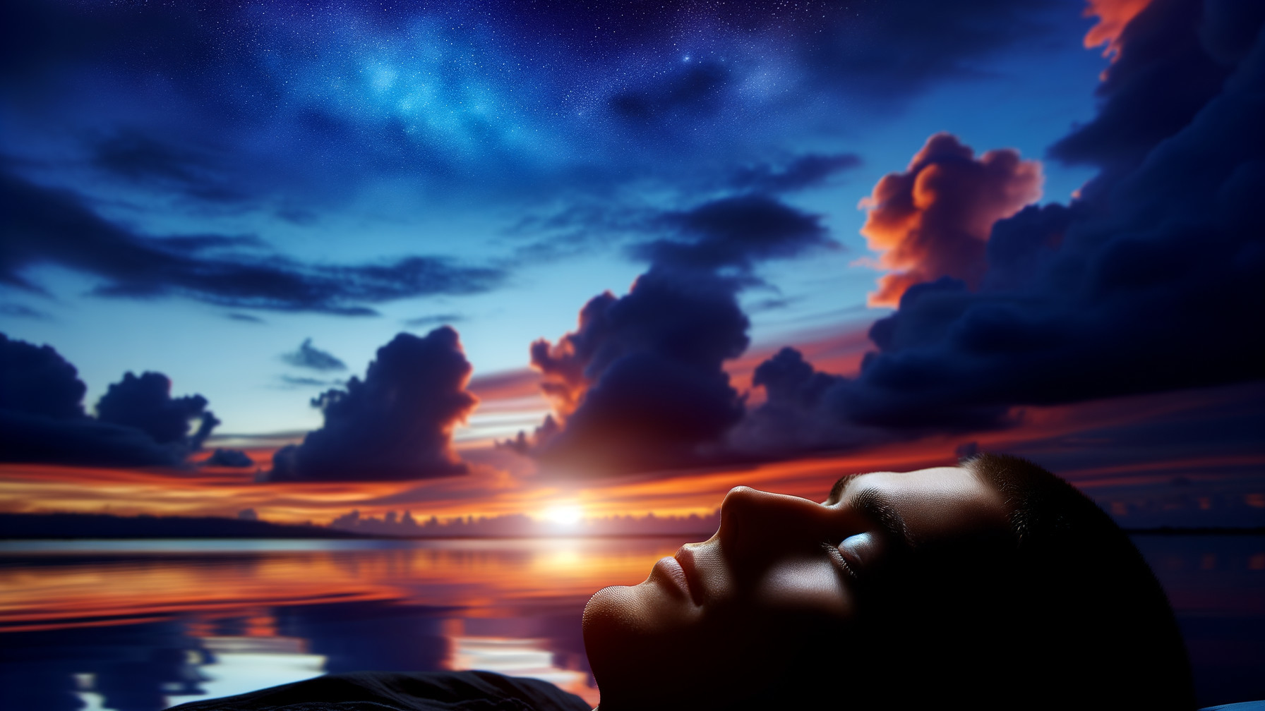 Young man relaxing under a vibrant sunset sky