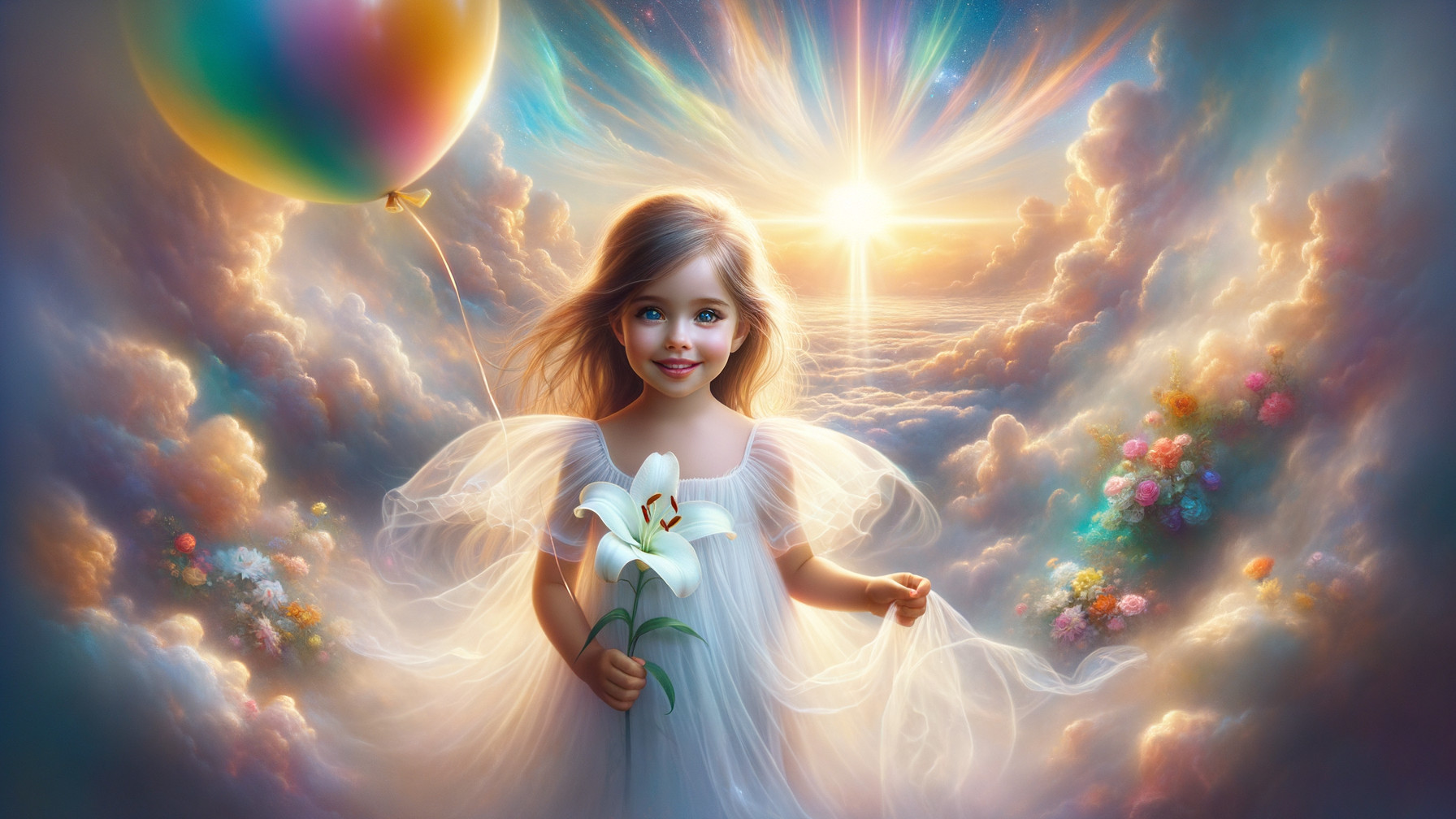 Young Girl in White Gown Surrounded by Clouds and Flowers