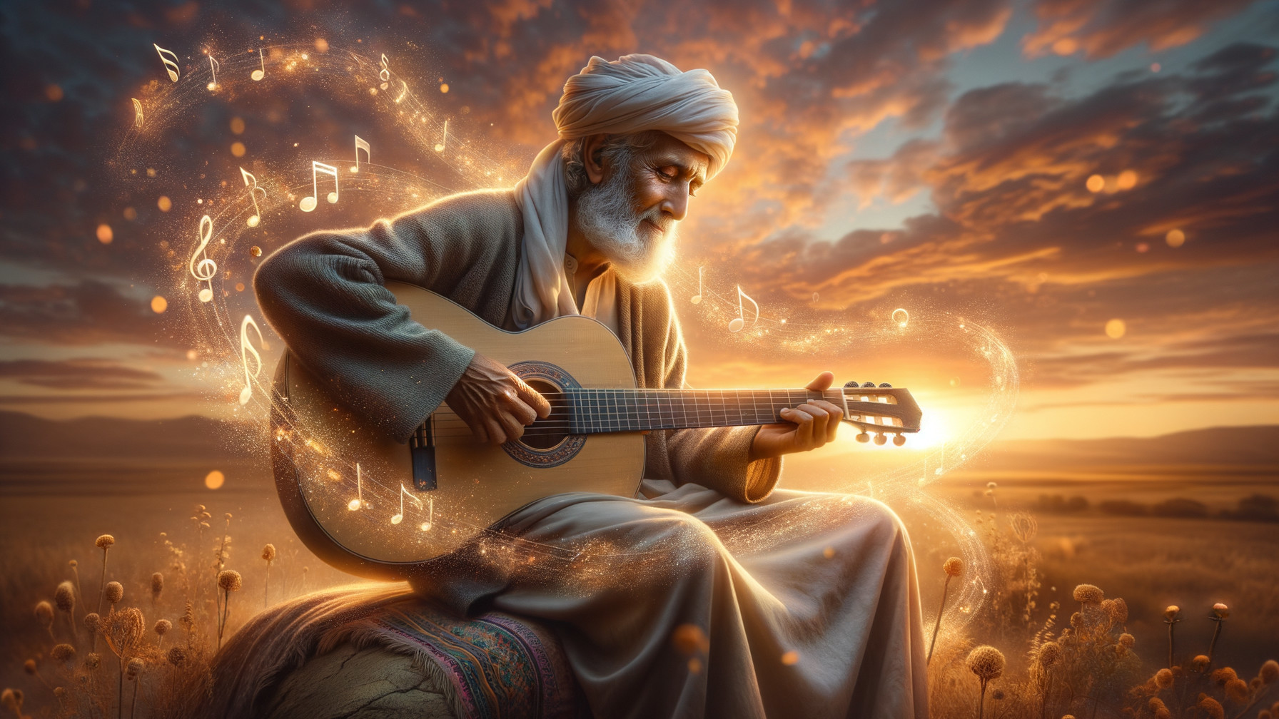 Elderly Man Playing Guitar in Golden Sunset Field