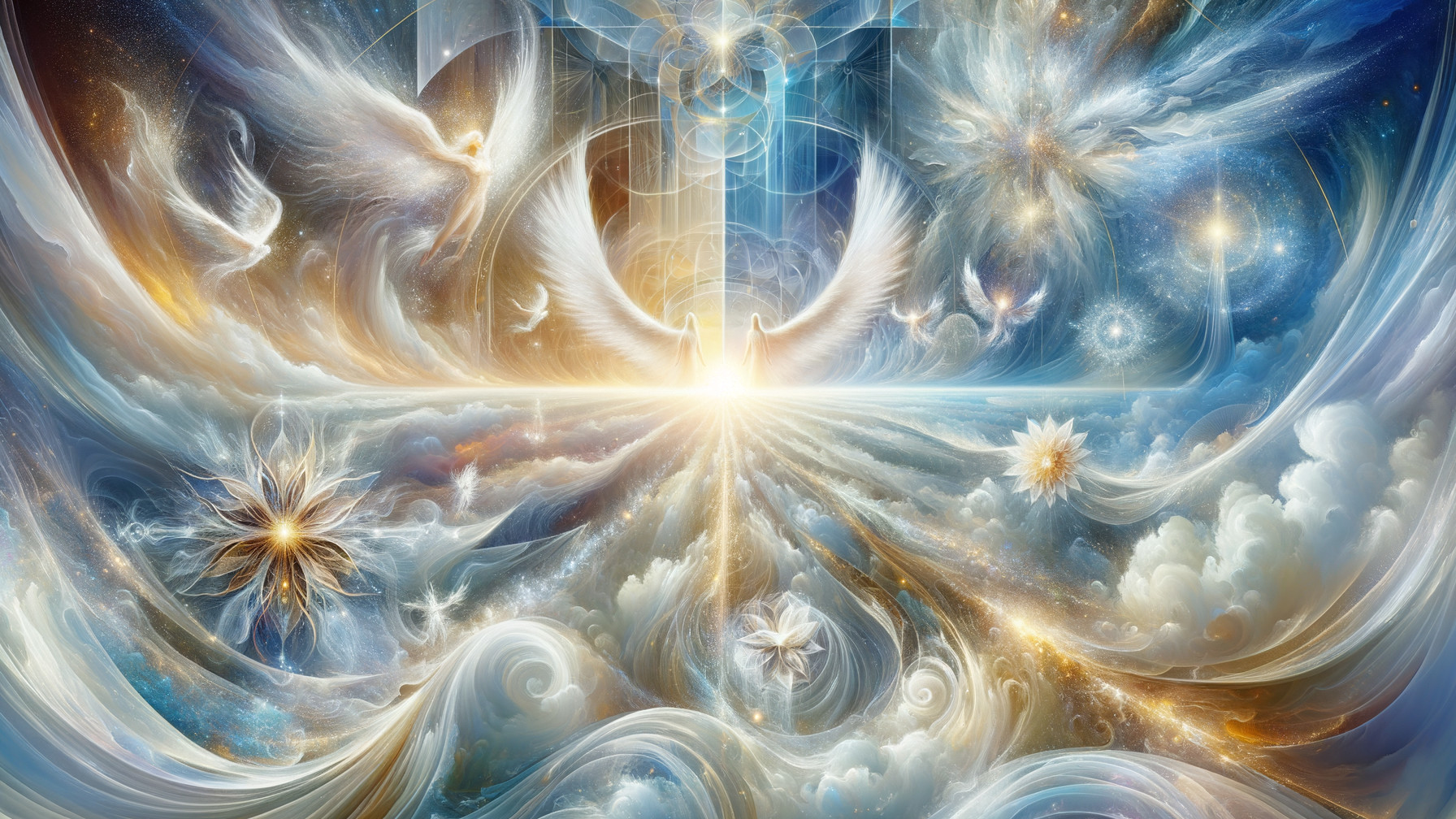 Celestial Scene with Ethereal Beings and Vibrant Colors