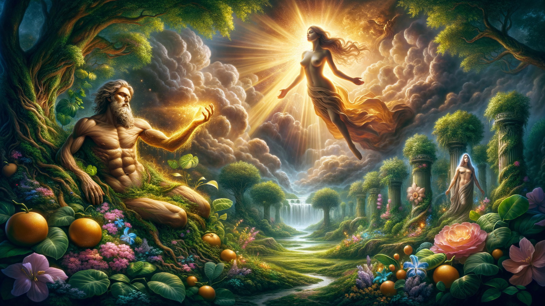 Majestic figure in mythical landscape with glowing orb