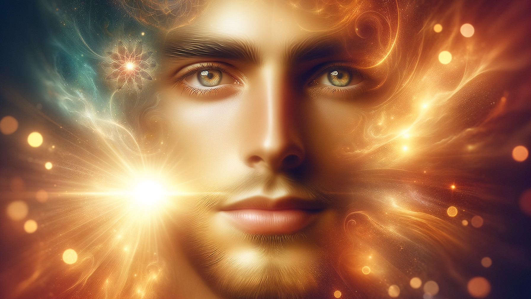 Close-up of a man's face in vibrant cosmic colors