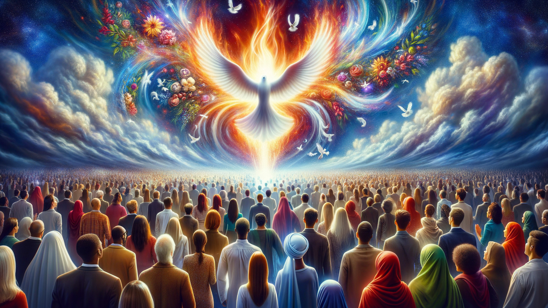 Crowd Under Colorful Sky with Phoenix and Doves