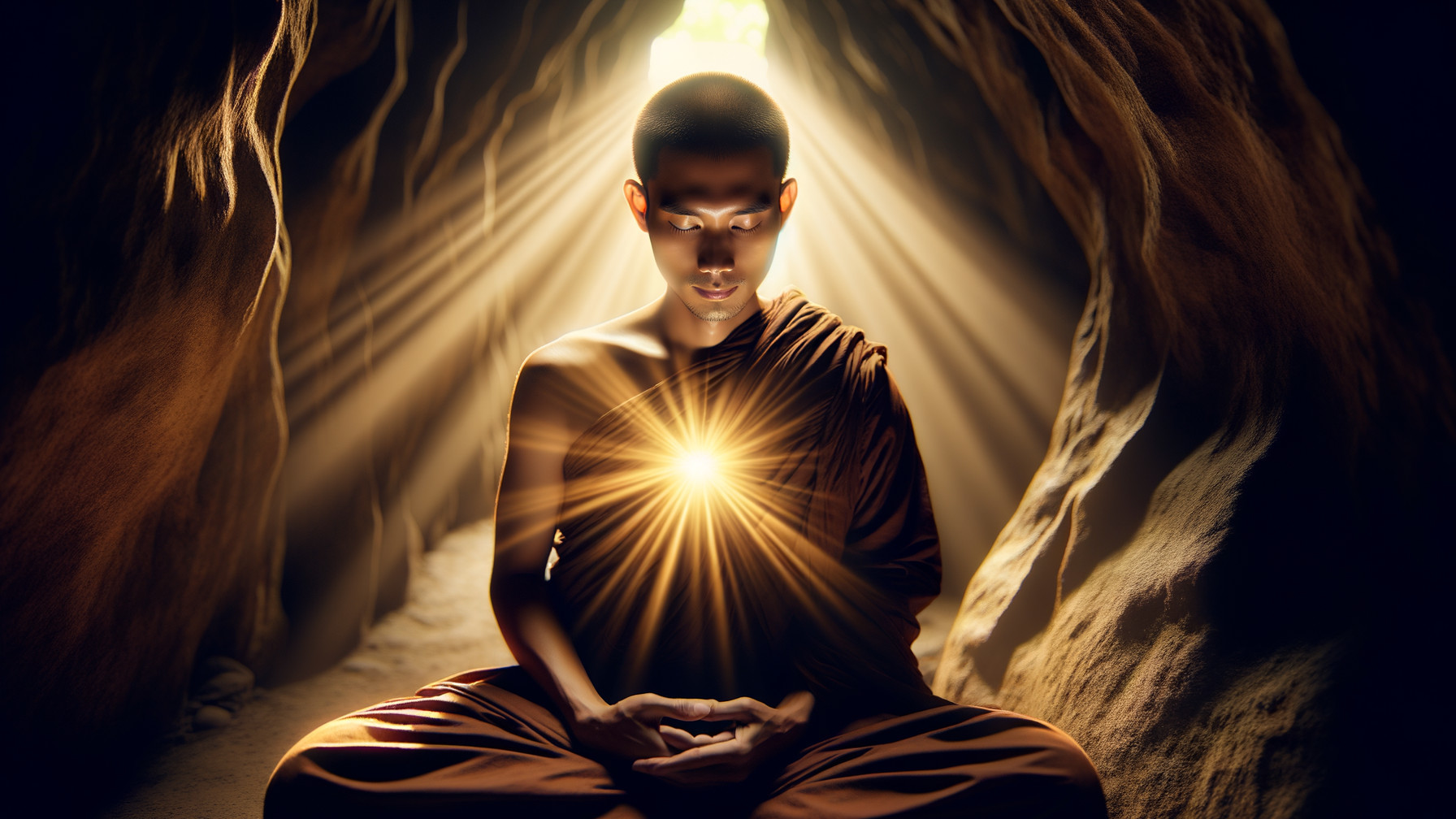 Monk Meditating in Cave with Illuminating Light