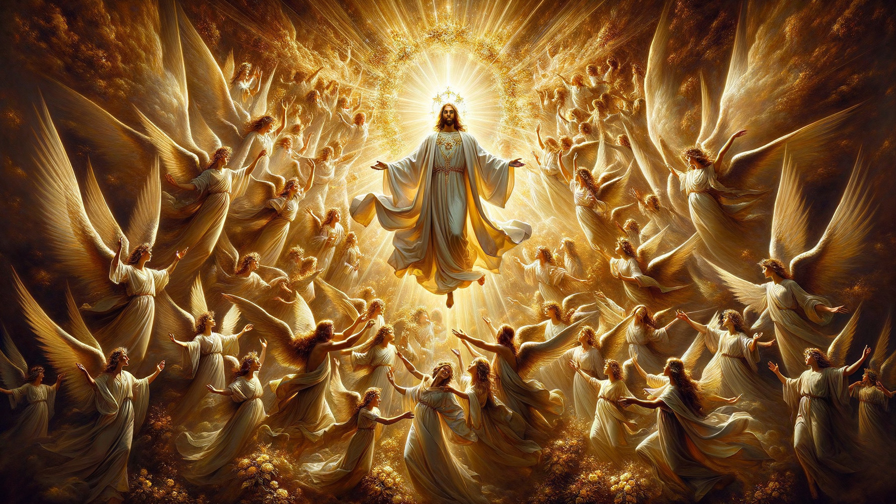 Angels in White Robes Gazing at Glowing Jesus