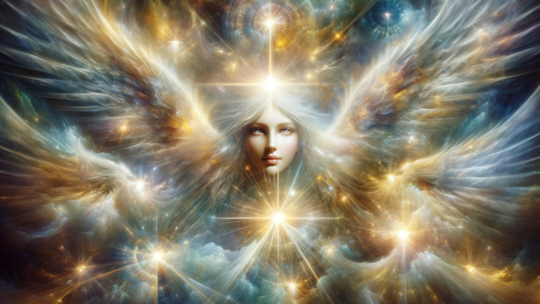 Ethereal Face with Cosmic Background and Wings