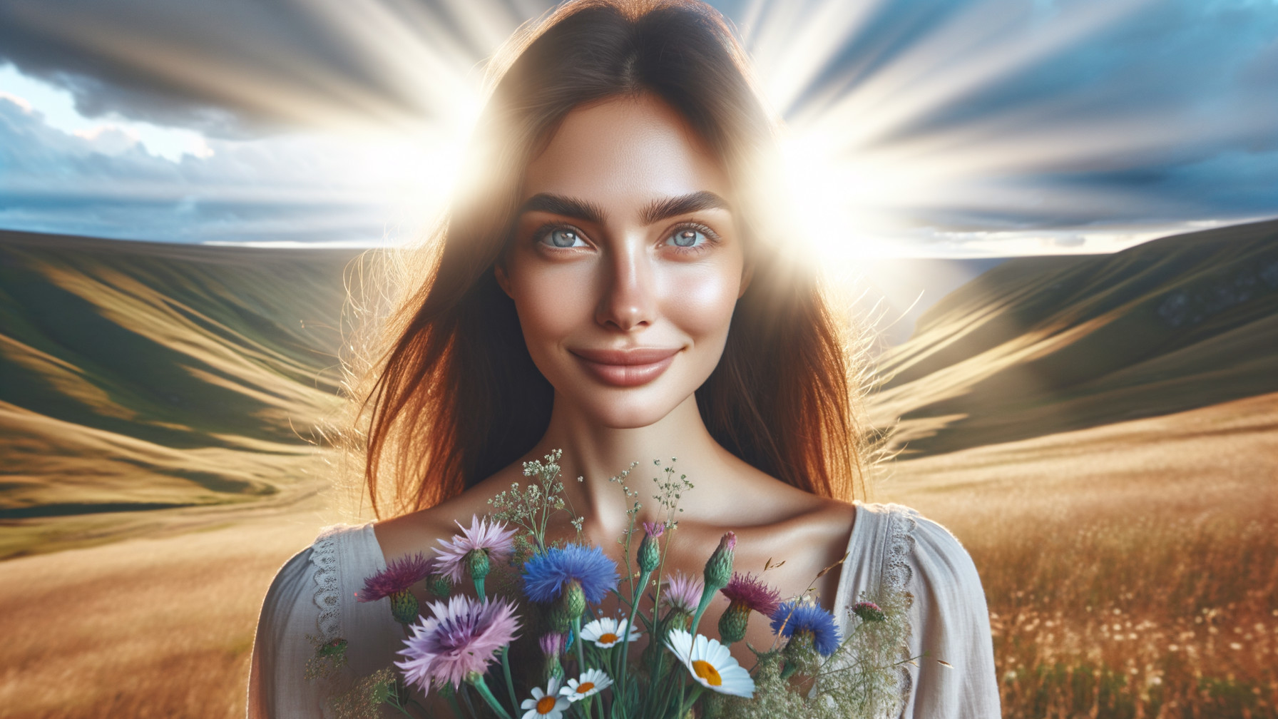 Serene Woman in Golden Field with Wildflowers