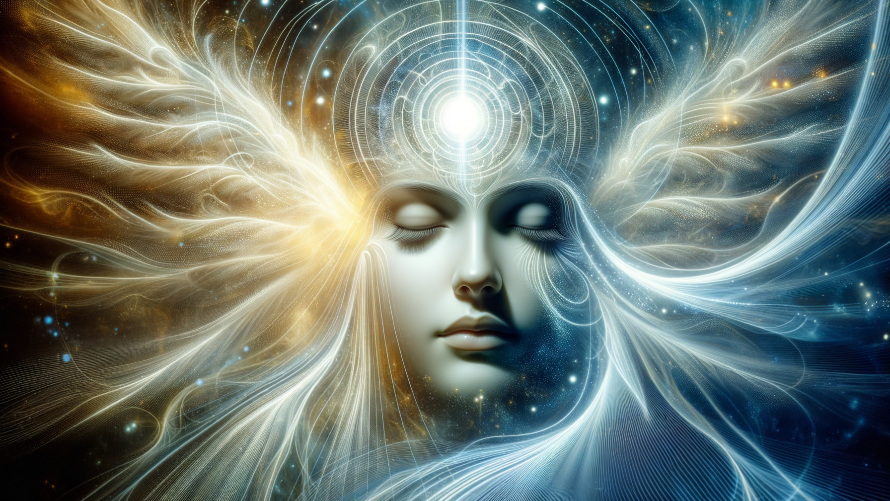 Ethereal Figure Surrounded by Cosmic Patterns and Colors