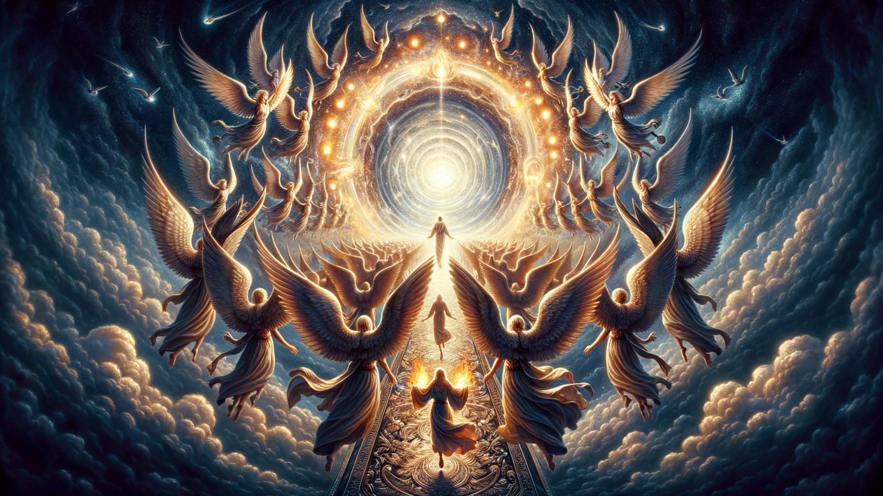 Angels in Golden Light Tunnel with Ethereal Figures