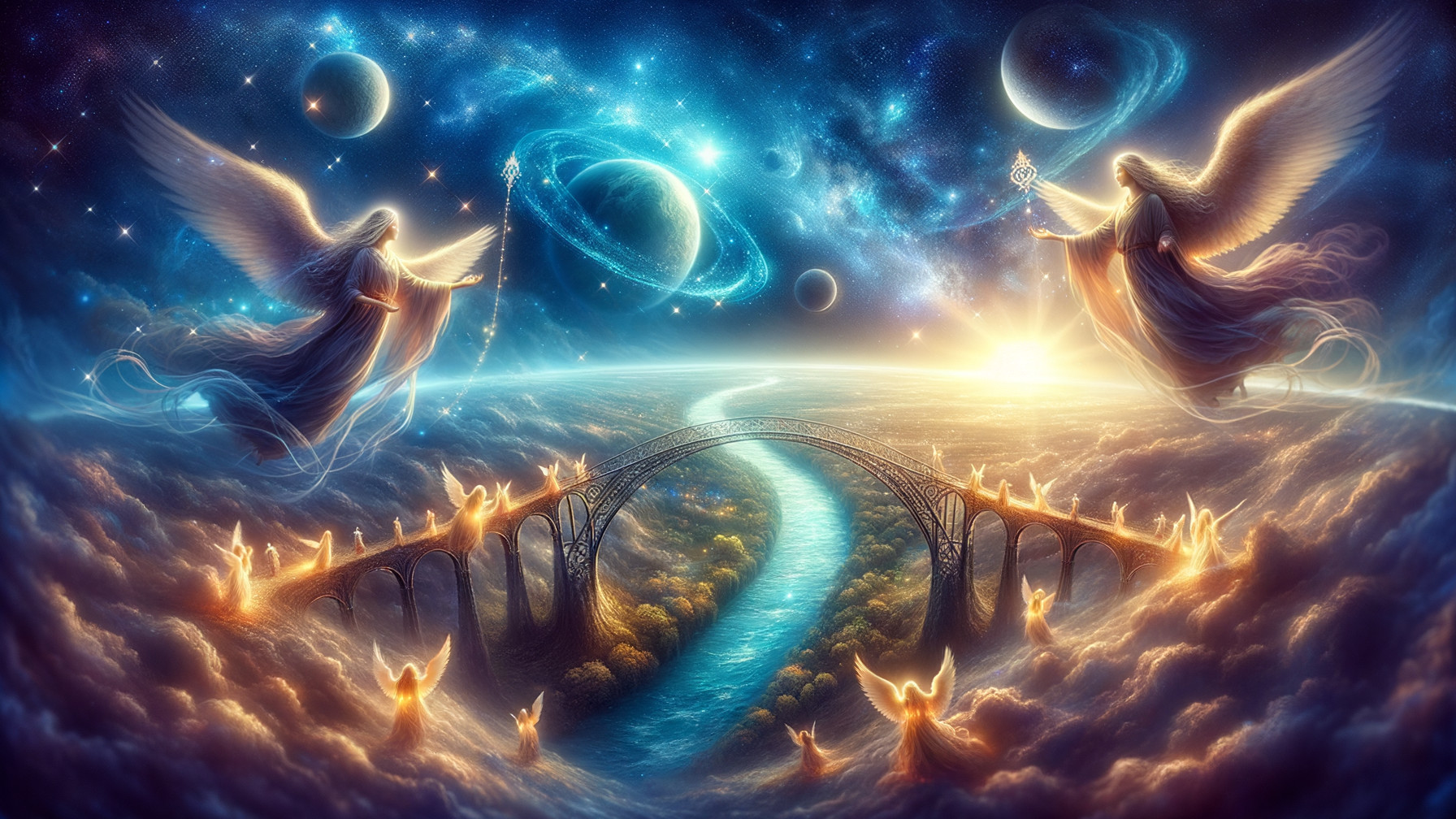 Celestial Scene with Angels and Luminous Bridge
