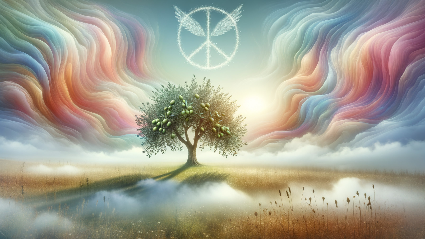 Serene Landscape with Silhouetted Tree and Peace Symbol