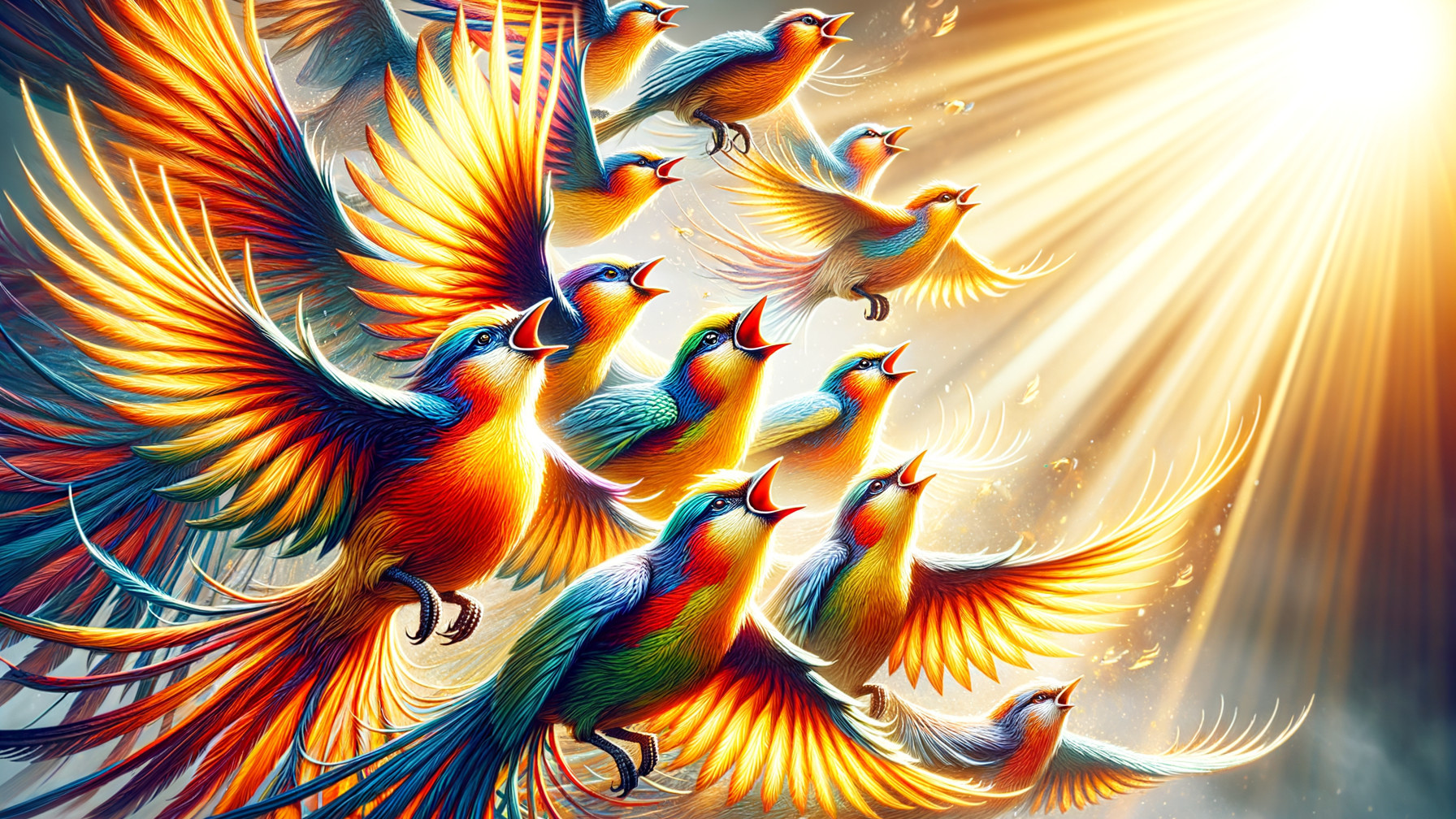 Vibrant Flock of Birds in a Radiant Sky