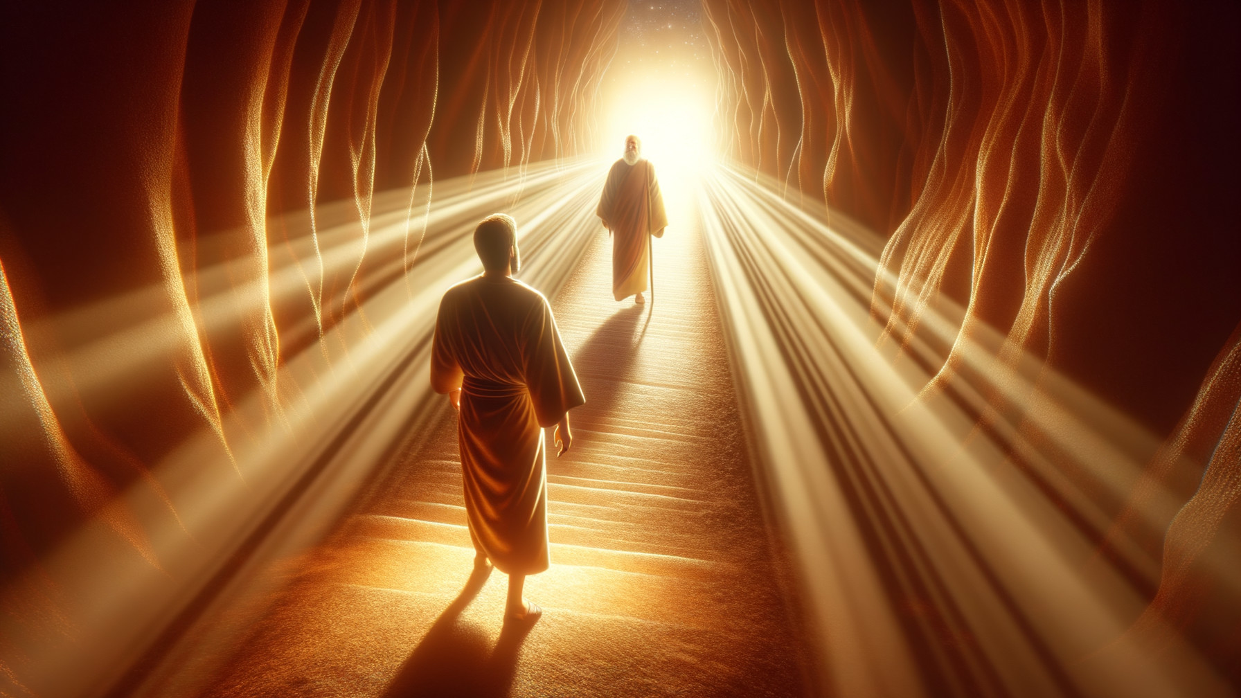 Figures in Robes Walking Towards a Glowing Light Tunnel